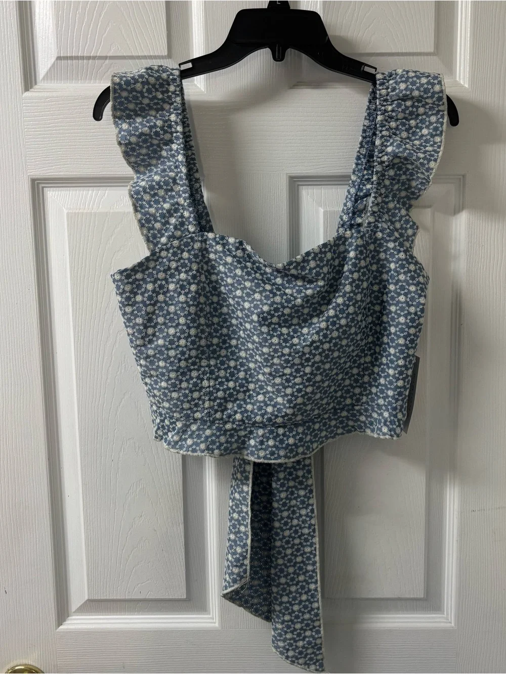 Cottagecore Blue Floral Ruffle Strap Tie-Back Crop Top Women’s Size XL NWT